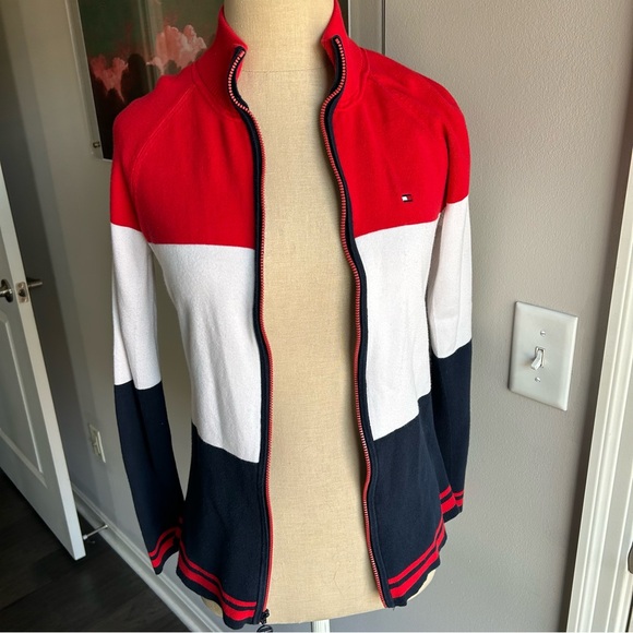 Tommy Hilfiger Red White Blue Zip Cardigan M Americana Preppy Style - Picture 1 of 8